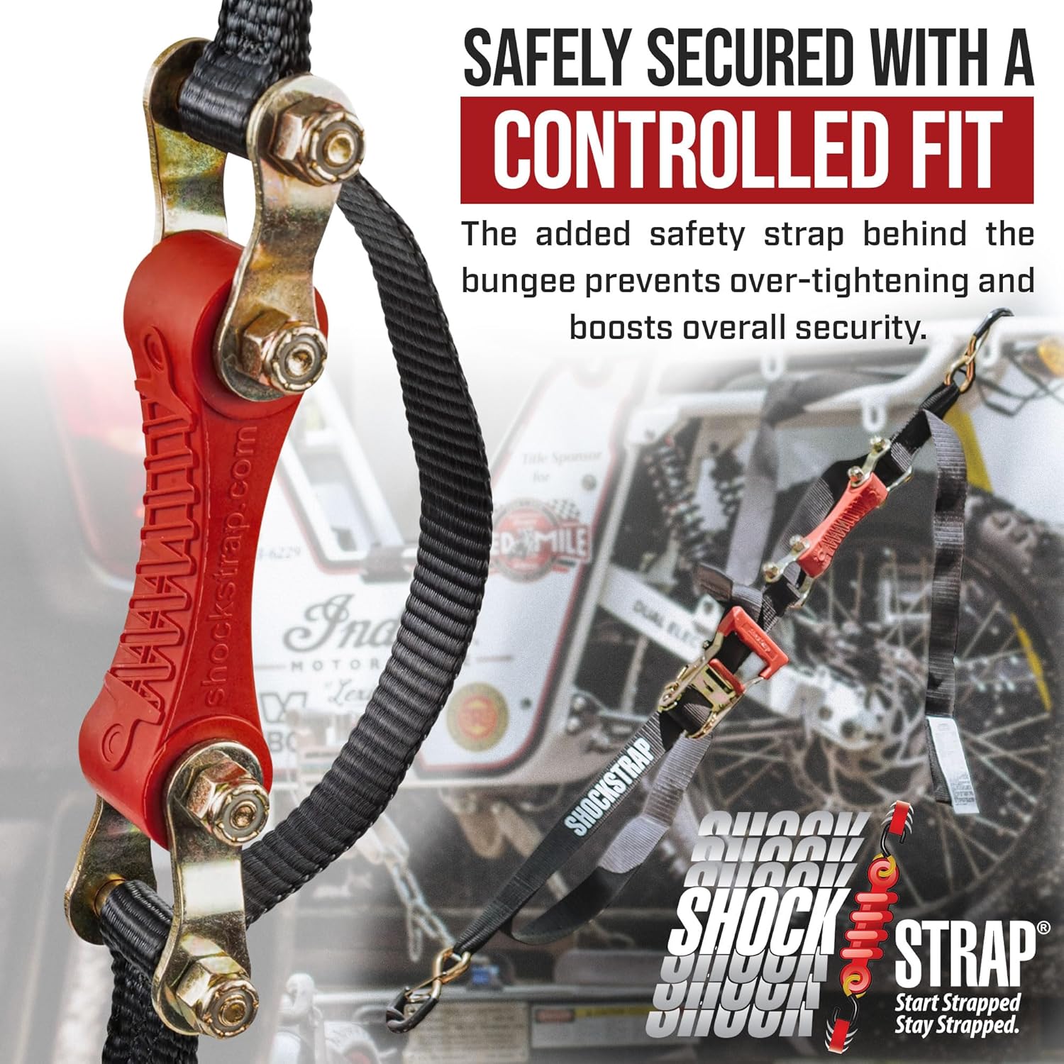 10ft x 1in SHOCKSTRAP® Constant Tension Ratchet Strap, Premium Polyester Webbing, 1,500lb Break Strength, 500lb Working Load Limit - The Perfect Bungee & ShockStrap Tie Downs