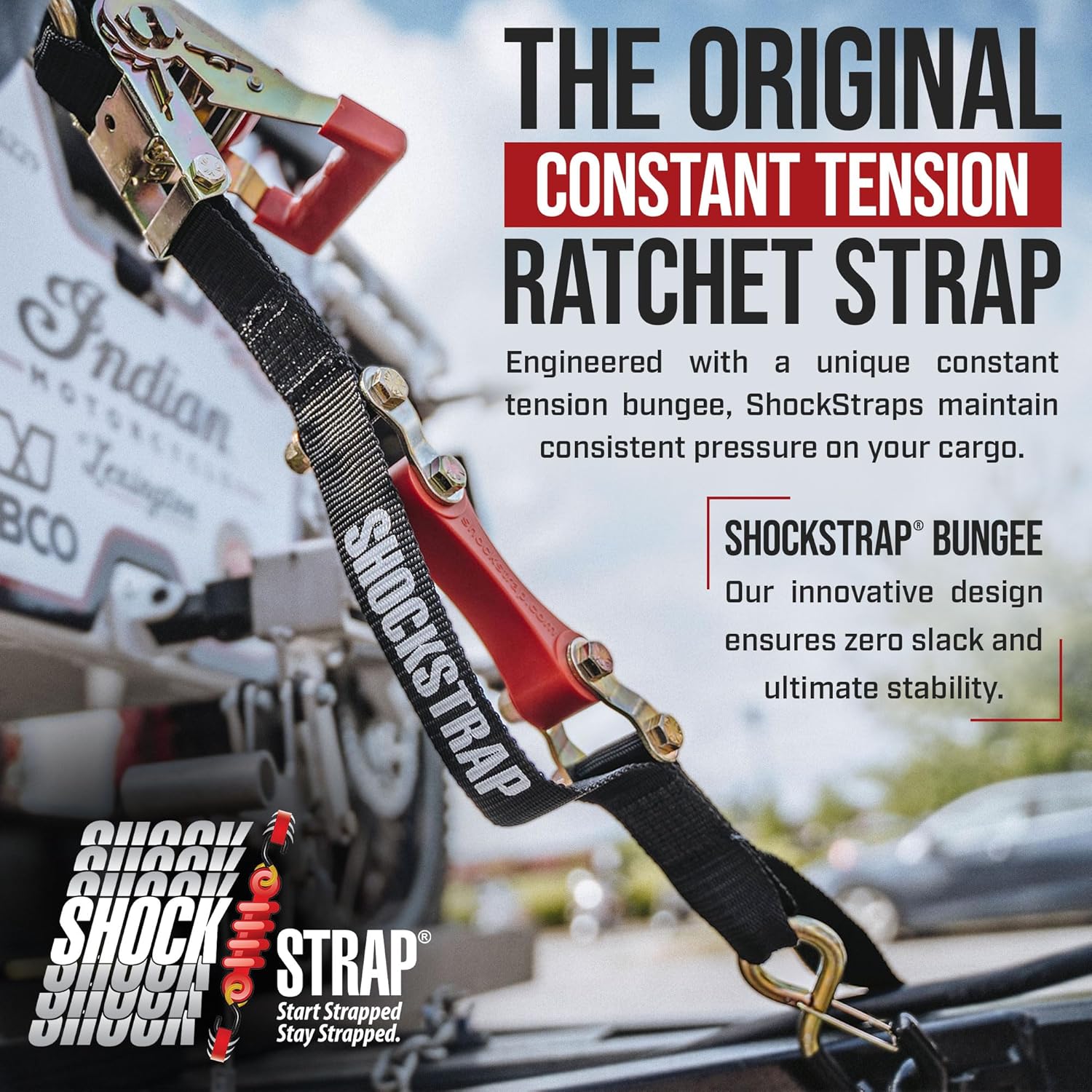 10ft x 1in SHOCKSTRAP® Constant Tension Ratchet Strap, Premium Polyester Webbing, 1,500lb Break Strength, 500lb Working Load Limit - The Perfect Bungee & ShockStrap Tie Downs