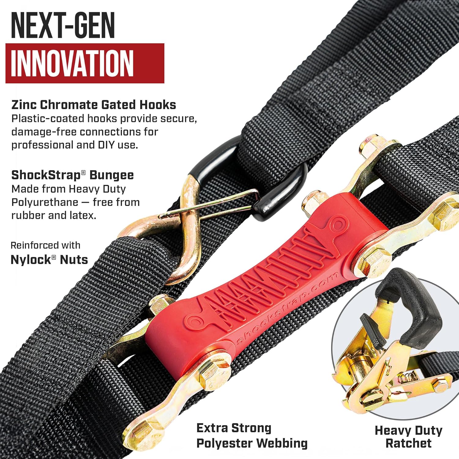 10ft x 1in SHOCKSTRAP® Constant Tension Ratchet Strap, Premium Polyester Webbing, 1,500lb Break Strength, 500lb Working Load Limit - The Perfect Bungee & ShockStrap Tie Downs