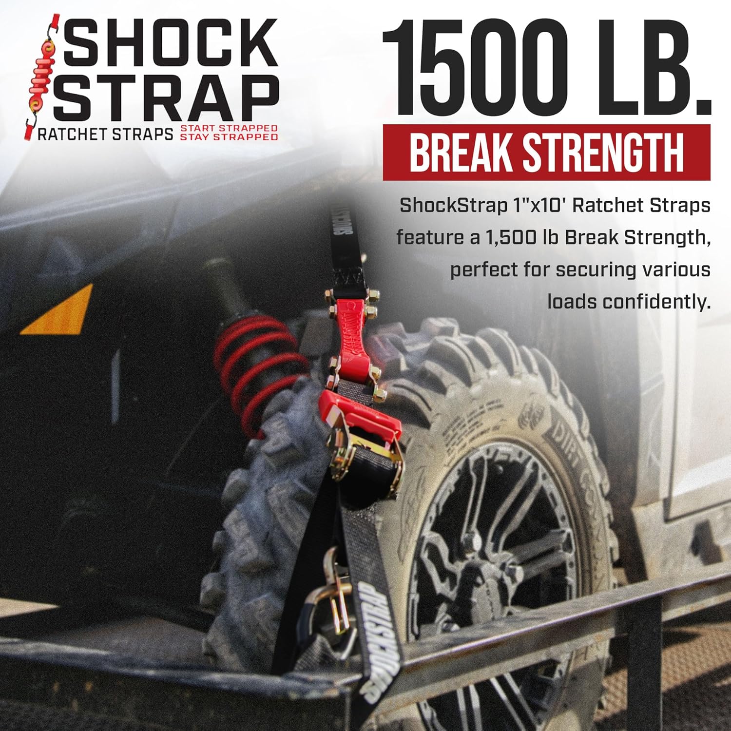 10ft x 1in SHOCKSTRAP® Constant Tension Ratchet Strap, Premium Polyester Webbing, 1,500lb Break Strength, 500lb Working Load Limit - The Perfect Bungee & ShockStrap Tie Downs