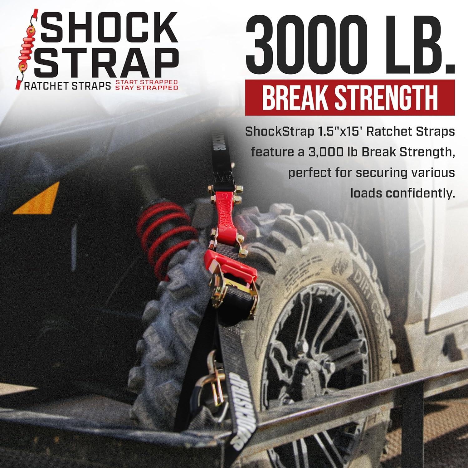 15ft x 1.5in SHOCKSTRAP® Ratchet Strap, Premium Polyester Webbing, 3k Break Strength, 1k Working Load Limit - The Perfect Bungee & ShockStrap Tie Downs