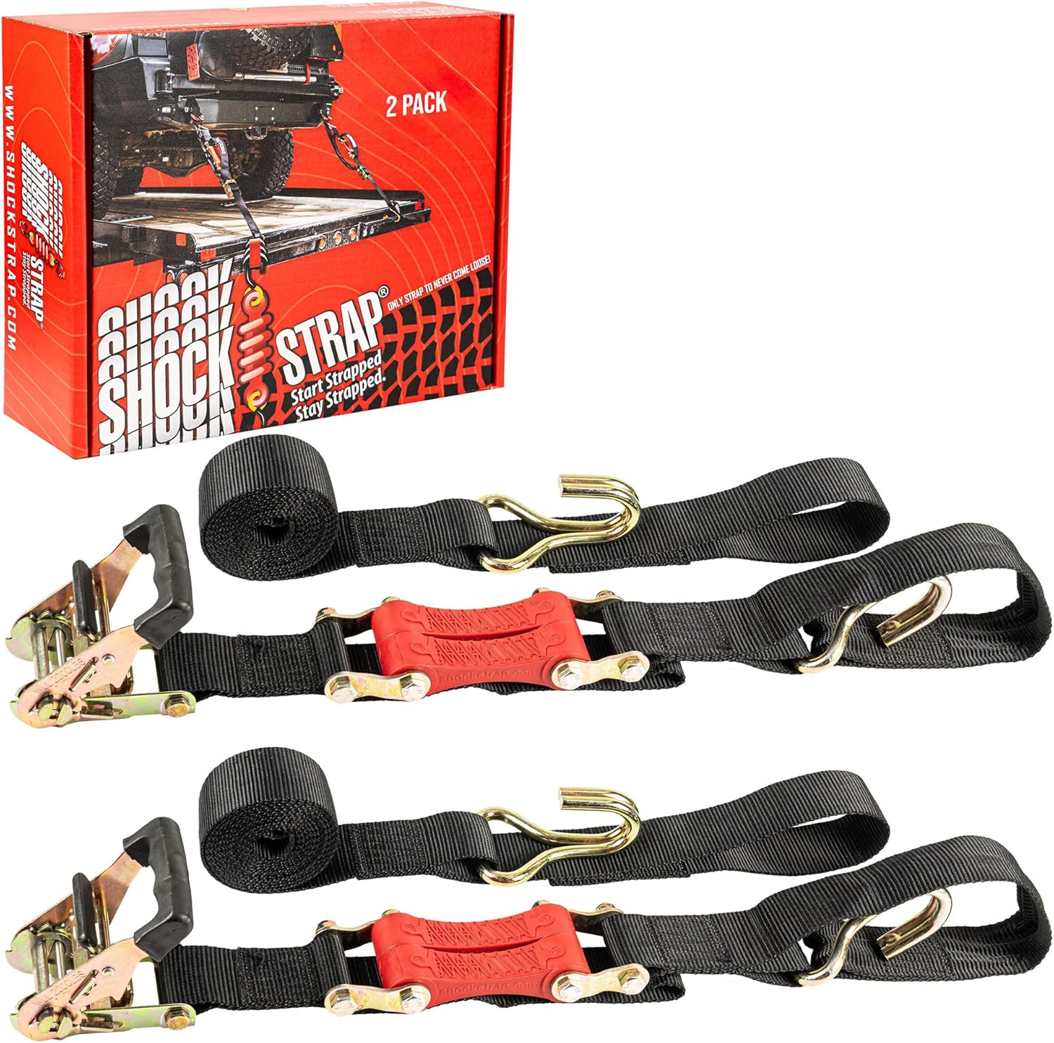 18ft x 2in SHOCKSTRAP® Ratchet Strap, Wire Hooks, Premium Polyester Webbing, 6k Break Strength, 2k Working Load Limit - The Perfect Bungee & ShockStrap Tie Downs