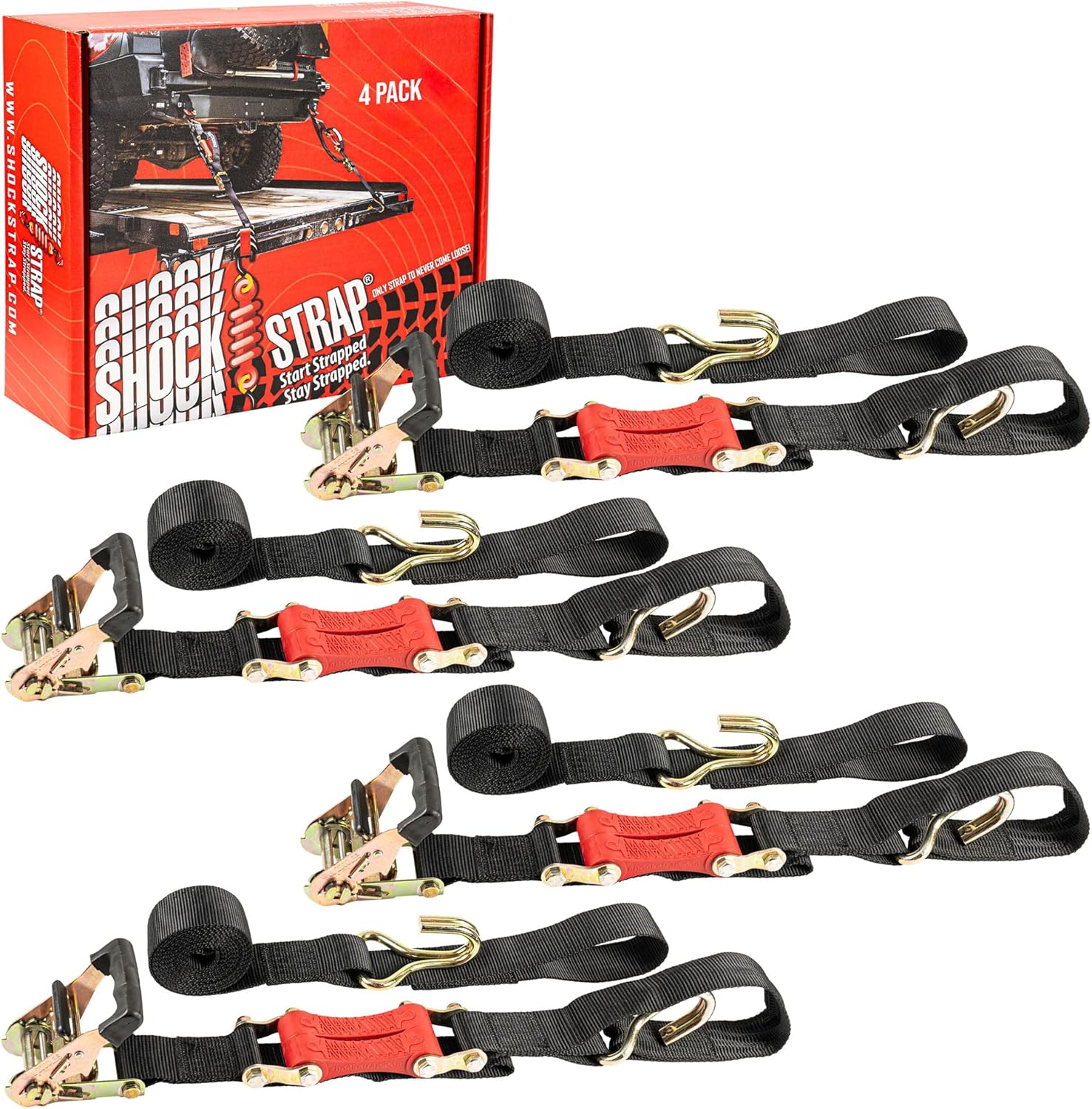 18ft x 2in SHOCKSTRAP® Ratchet Strap, Wire Hooks, Premium Polyester Webbing, 6k Break Strength, 2k Working Load Limit - The Perfect Bungee & ShockStrap Tie Downs