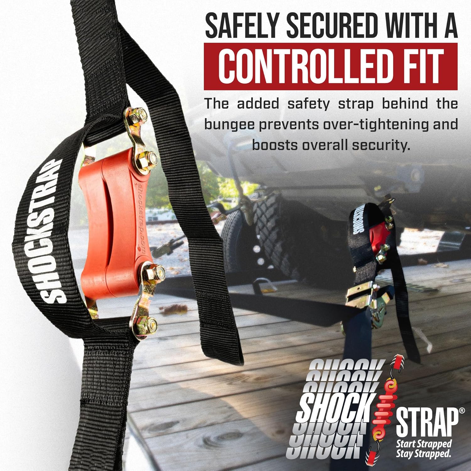 18ft x 2in SHOCKSTRAP® Ratchet Strap, Wire Hooks, Premium Polyester Webbing, 6k Break Strength, 2k Working Load Limit - The Perfect Bungee & ShockStrap Tie Downs