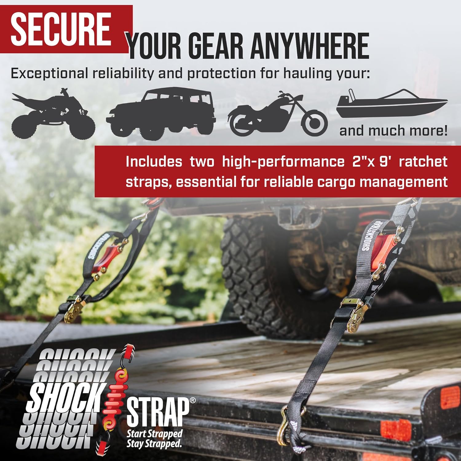 18ft x 2in SHOCKSTRAP® Ratchet Strap, Wire Hooks, Premium Polyester Webbing, 6k Break Strength, 2k Working Load Limit - The Perfect Bungee & ShockStrap Tie Downs