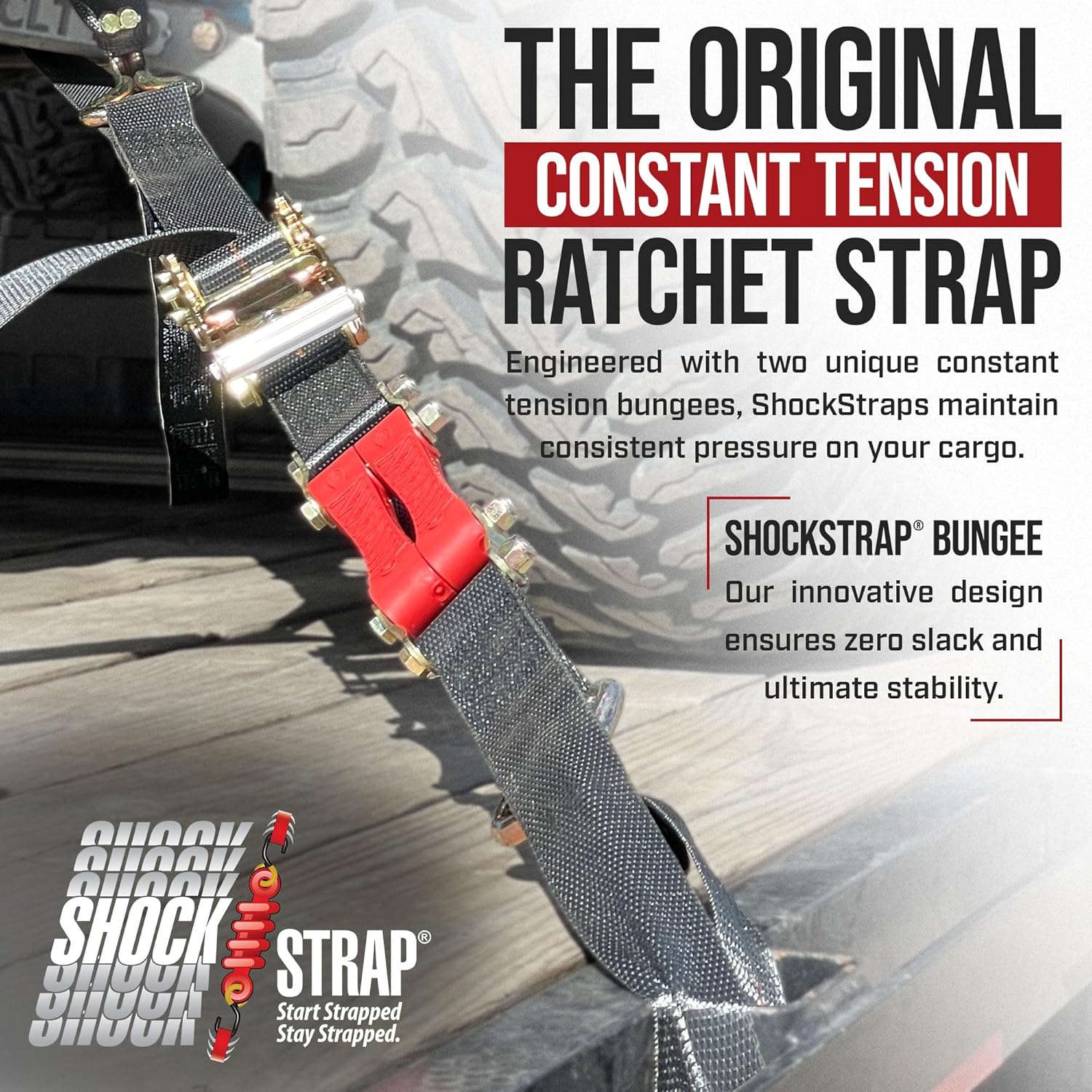 18ft x 2in SHOCKSTRAP® Ratchet Strap, Wire Hooks, Premium Polyester Webbing, 6k Break Strength, 2k Working Load Limit - The Perfect Bungee & ShockStrap Tie Downs