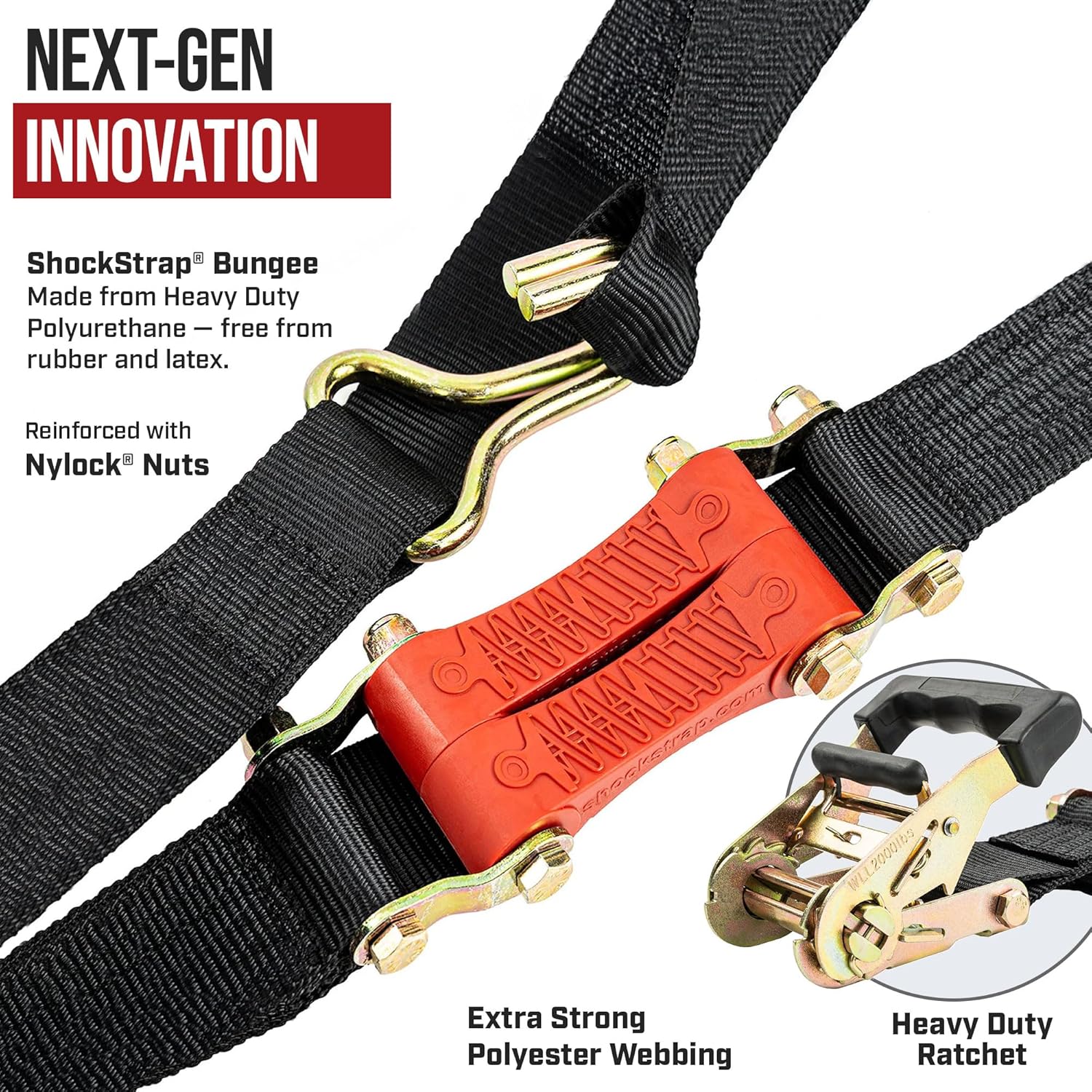 18ft x 2in SHOCKSTRAP® Ratchet Strap, Wire Hooks, Premium Polyester Webbing, 6k Break Strength, 2k Working Load Limit - The Perfect Bungee & ShockStrap Tie Downs