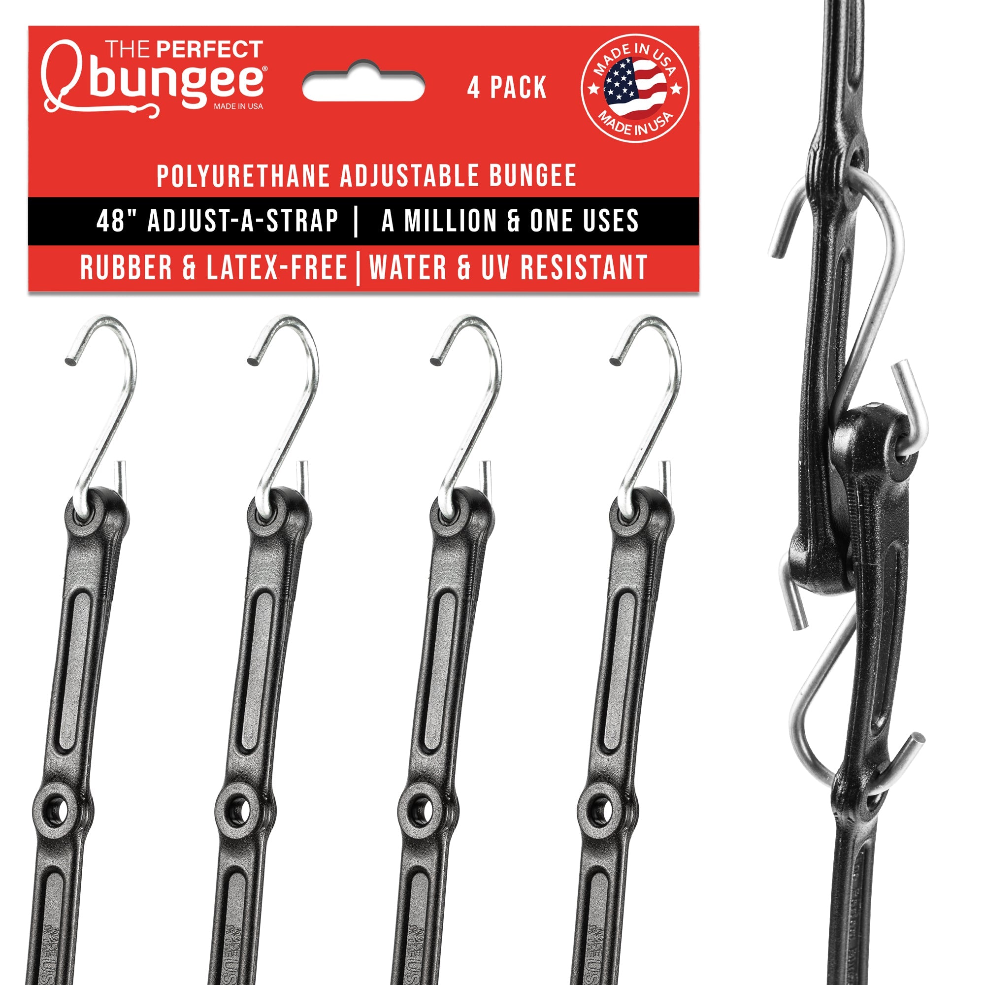 48" Adjust - A - Strap Adjustable Bungee Strap 4 Pack, Galvanized Hooks - The Perfect Bungee & ShockStrap Tie Downs