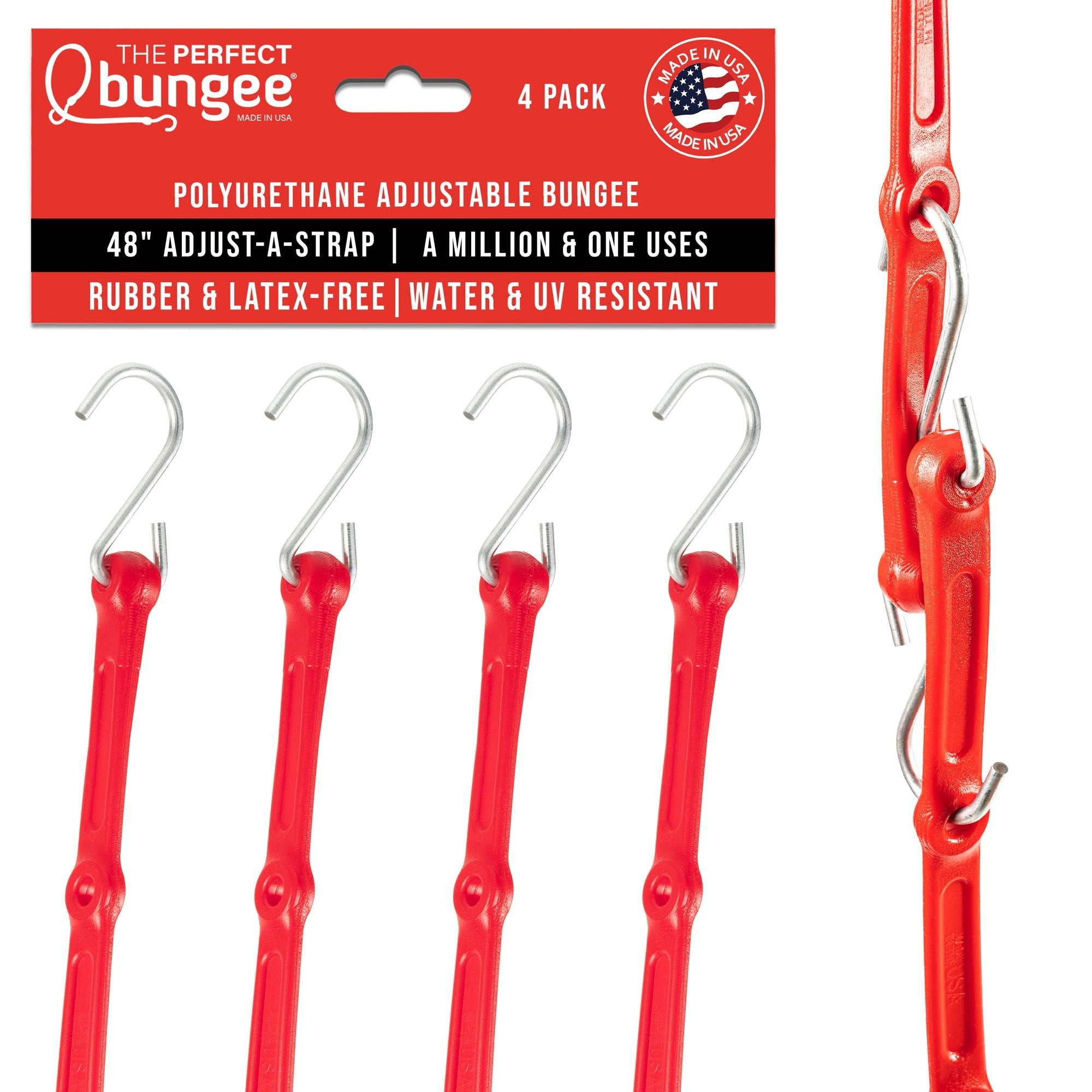 48" Adjust - A - Strap Adjustable Bungee Strap 4 Pack, Galvanized Hooks - The Perfect Bungee & ShockStrap Tie Downs