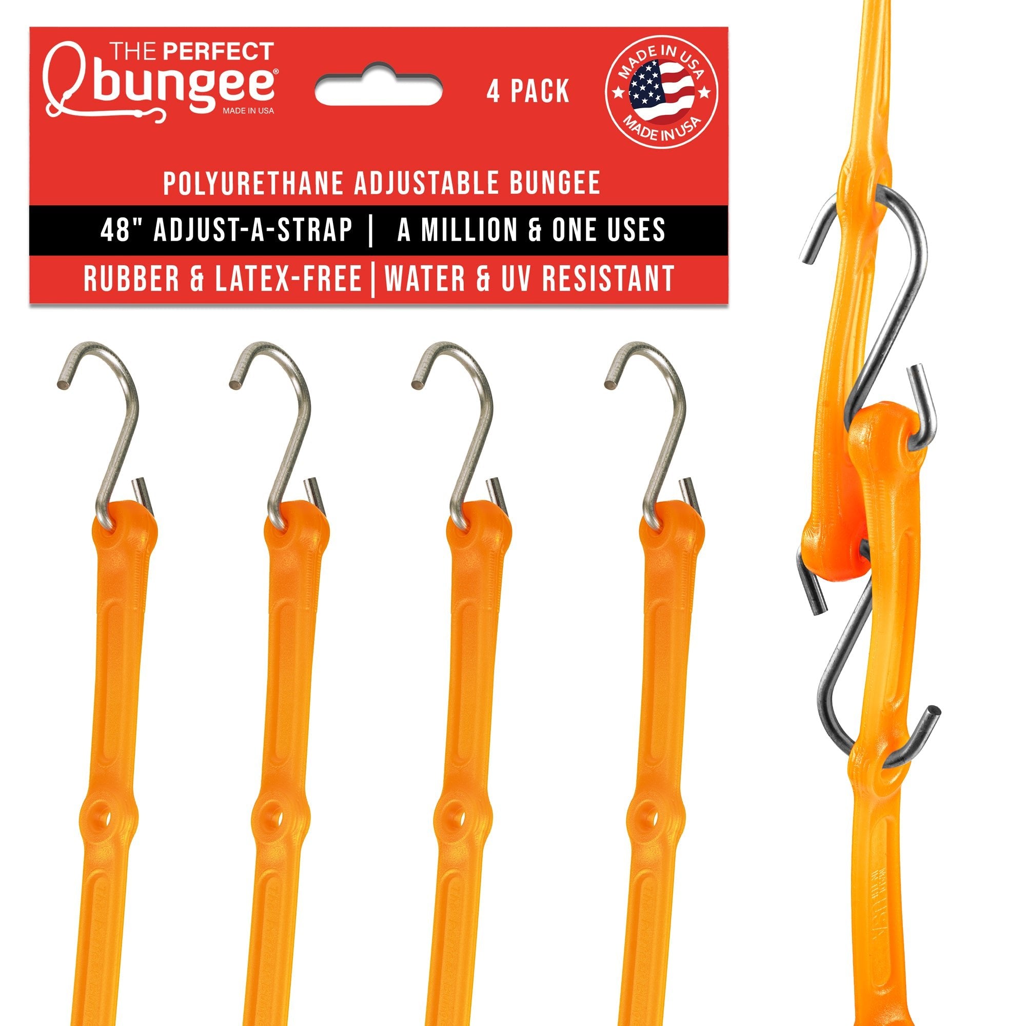 48" Adjust - A - Strap Adjustable Bungee Strap 4 Pack, Galvanized Hooks - The Perfect Bungee & ShockStrap Tie Downs