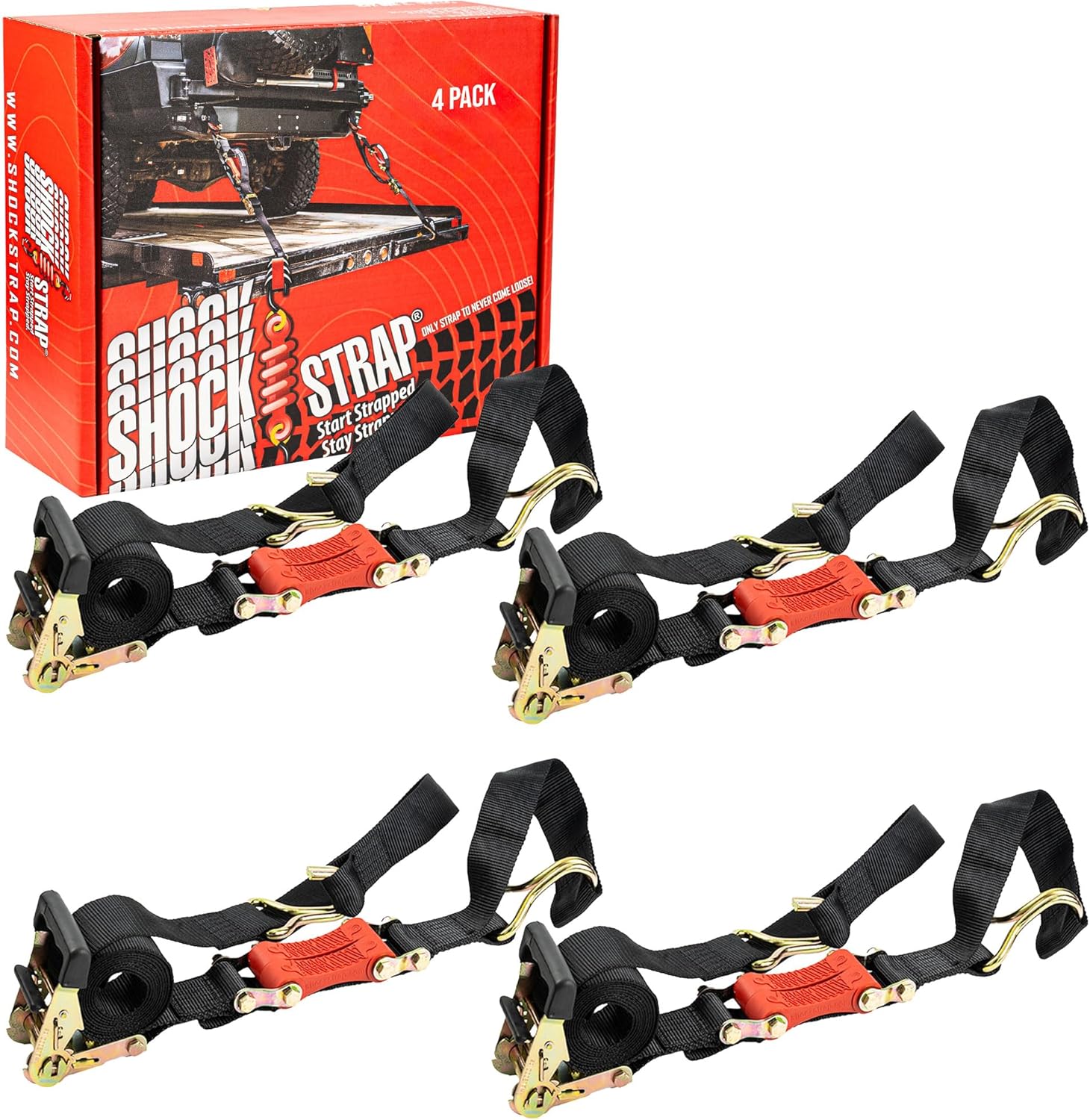 9ft x 2in SHOCKSTRAP® Ratchet Strap with Wire Hooks, Premium Polyester Webbing, 6k Break Strength 2k Working Load Limit - The Perfect Bungee & ShockStrap Tie Downs