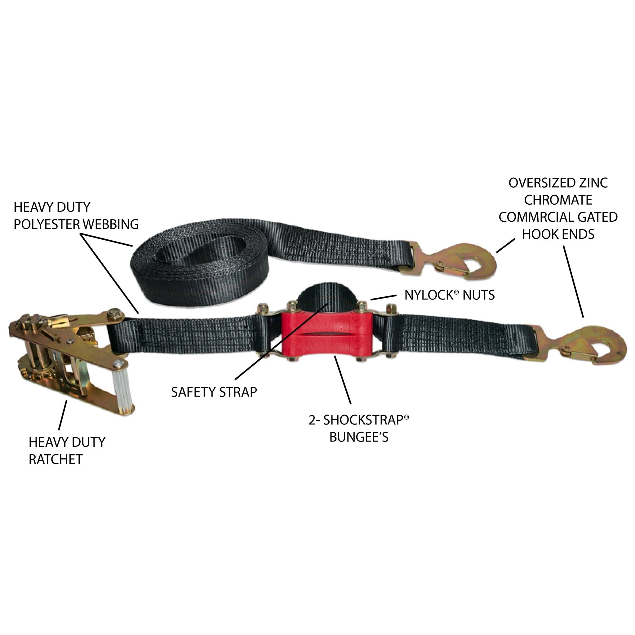 Commercial Grade ShockStrap® Ratchet Strap, 9ft x 2in, MADE IN USA